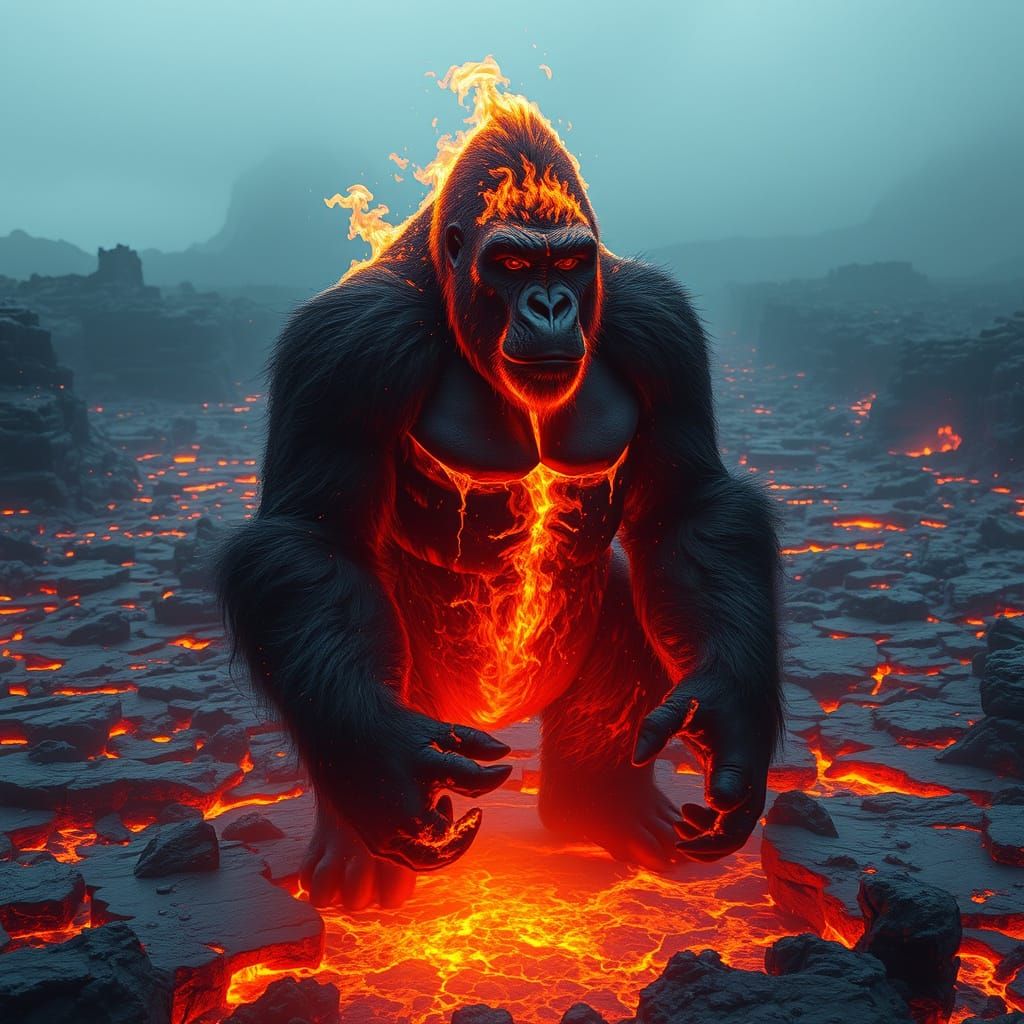 Fiery Gorilla on Lava Plain in Hyper-Realistic Style