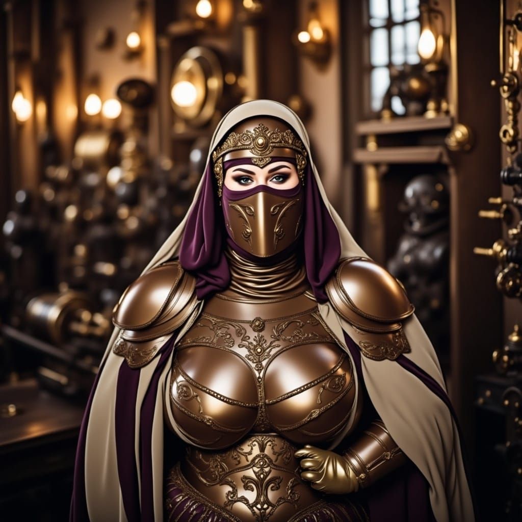 Steampunk Chevalier Woman in Brass Armor