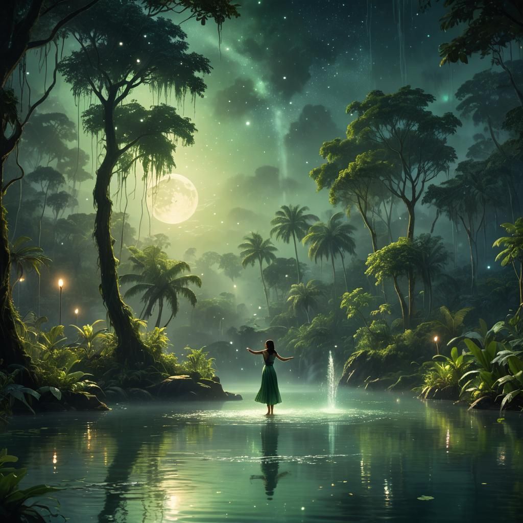 Ethereal Dancer in Moonlit Jungle Lake