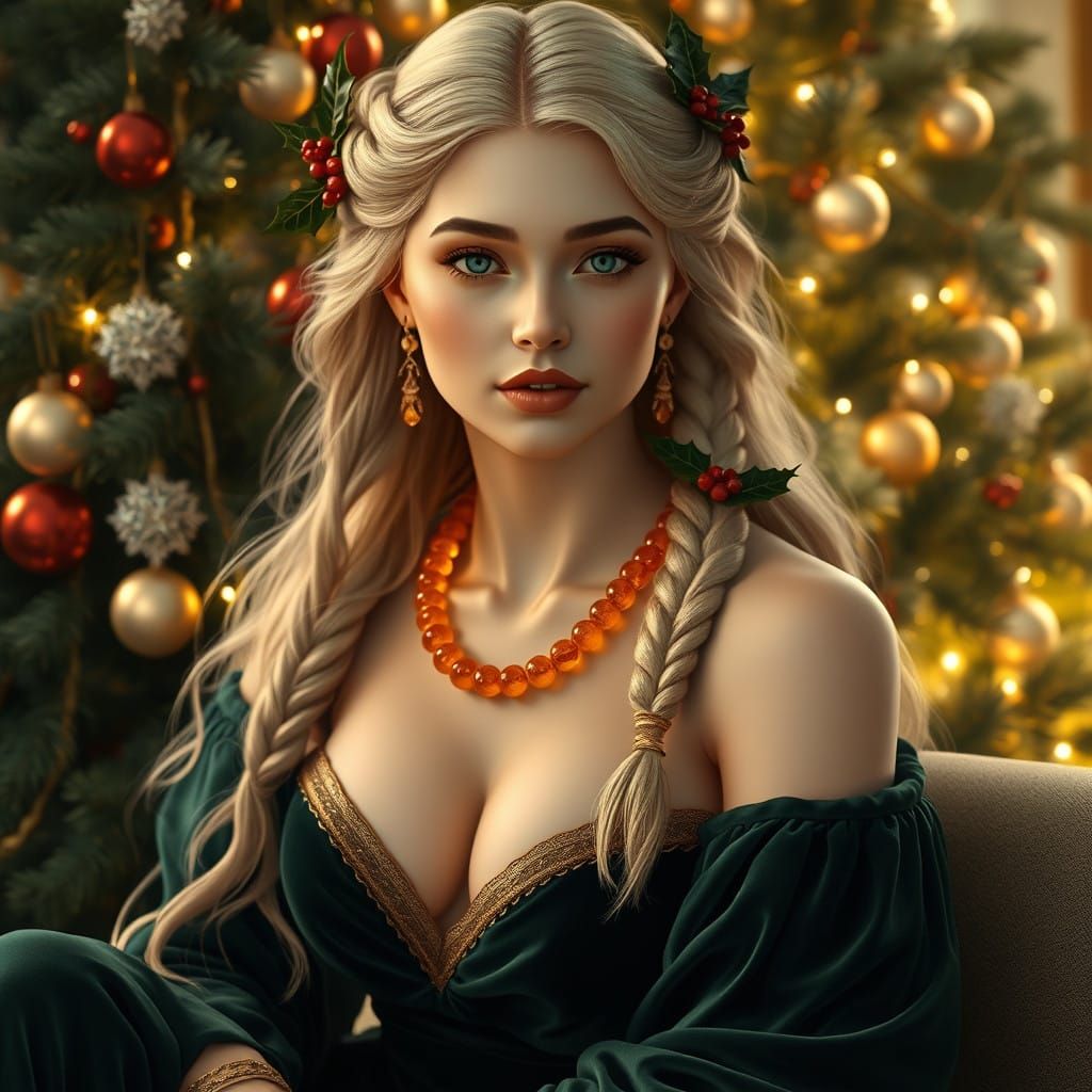 Regal Goddess Beside Majestic Christmas Tree, in the Style o...