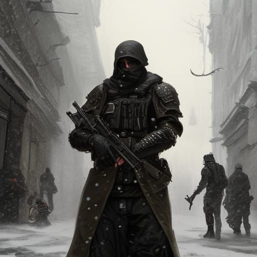 Dieselpunk Riot Soldier in Snow, Detailed Digital Art