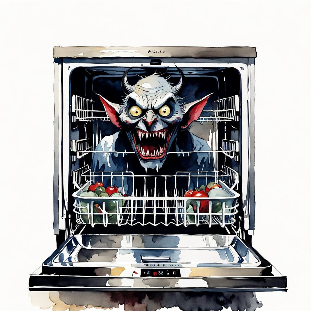 Spooky Haunted Dishwasher with Demon Eyes in Watercolour