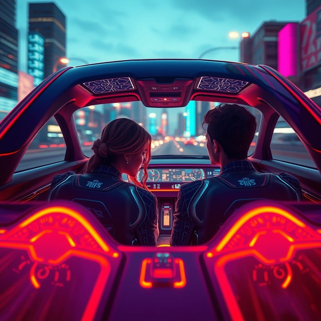 Two Adventurers Cruising Through Futuristic Cityscape in Sle...