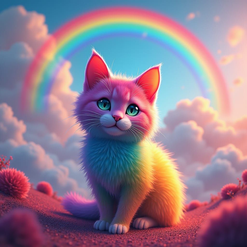 Rainbow Cat in Dreamlike Fantasy Landscape