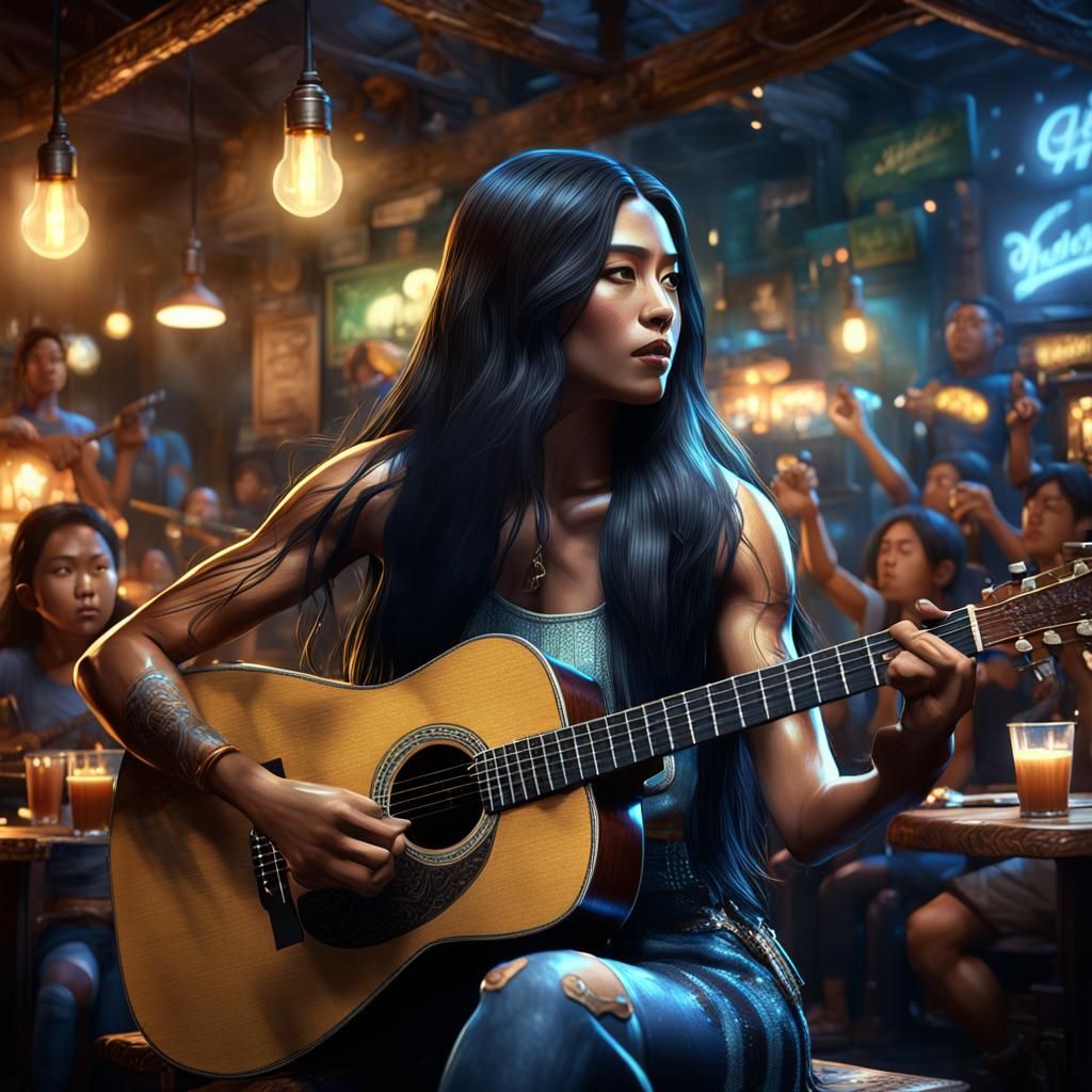 Filipino Woman Guitarist in Cafe: Matte Painting