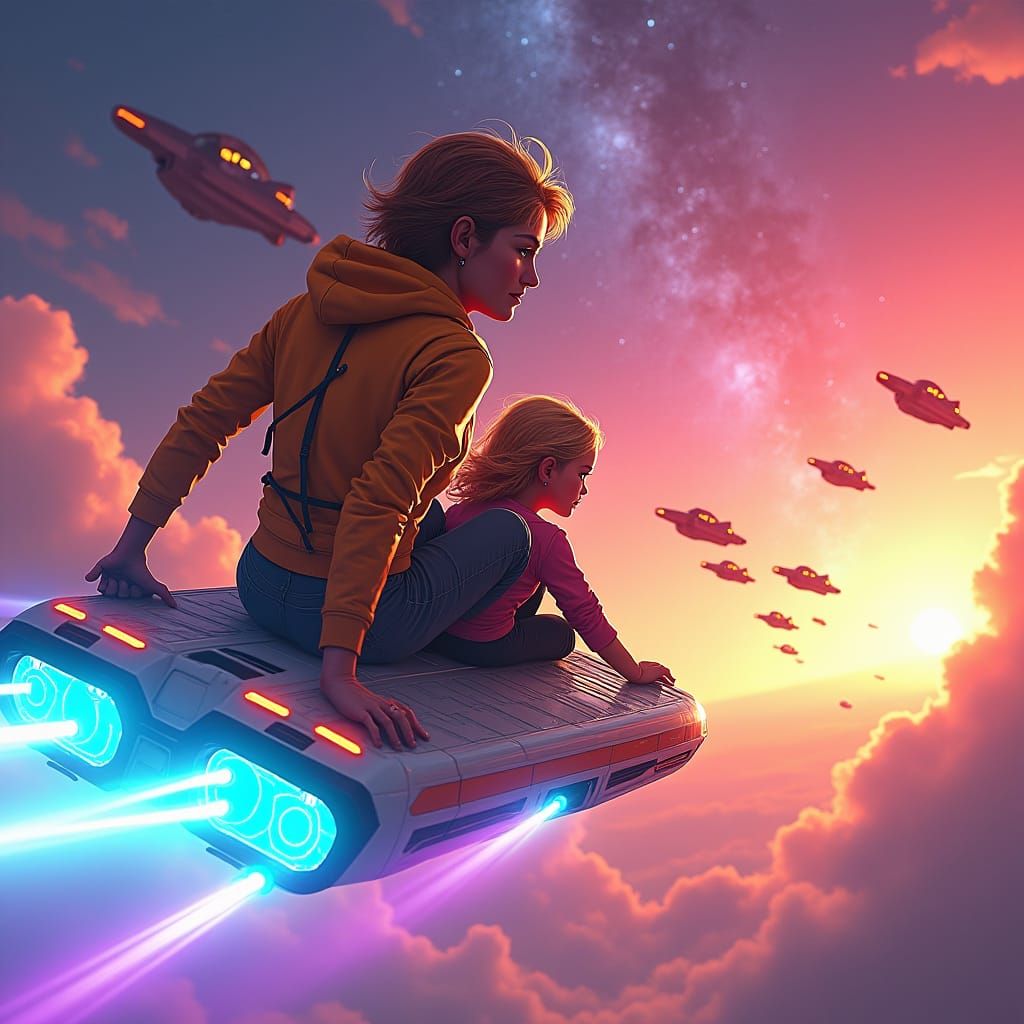 Cyberpunk Family Soars Through Rainbow Sky