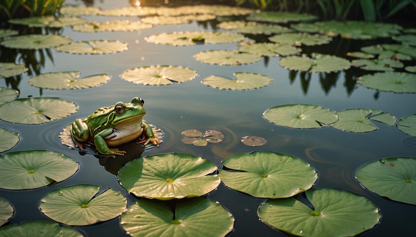 Frog Leaping on Lily Pads: Hyperrealistic Digital Art