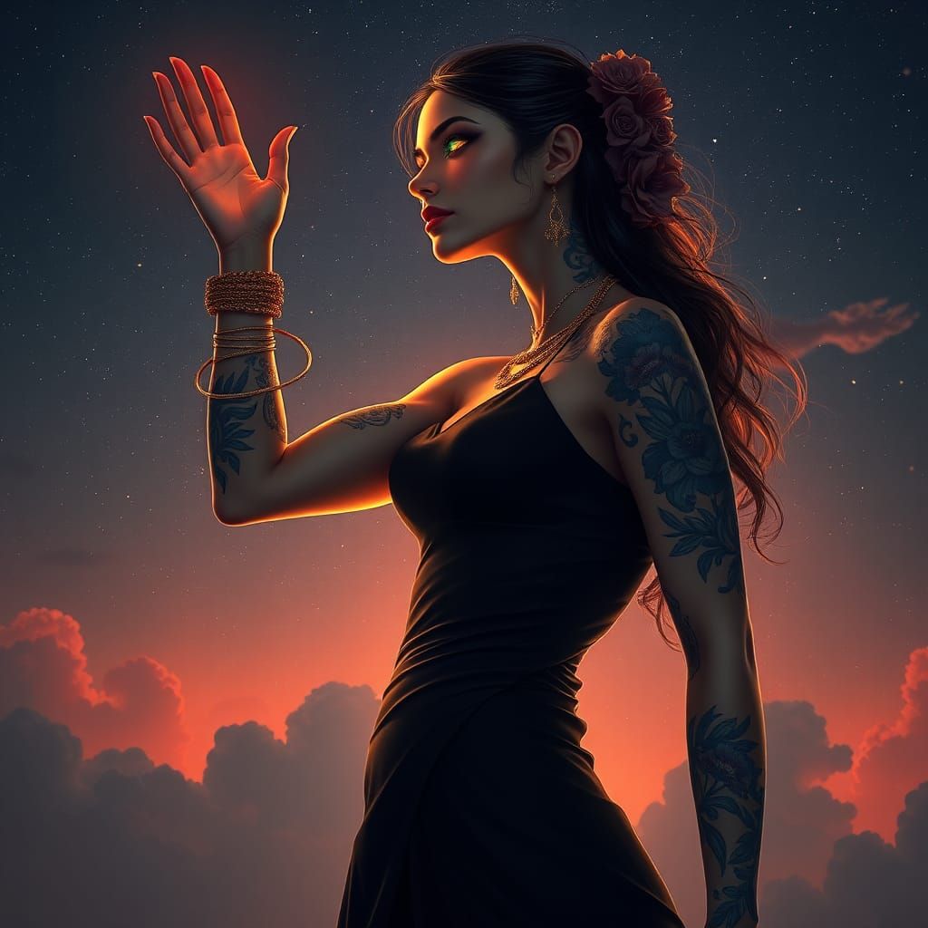 Cosmic Woman with Floral Tattoos, Digital Art