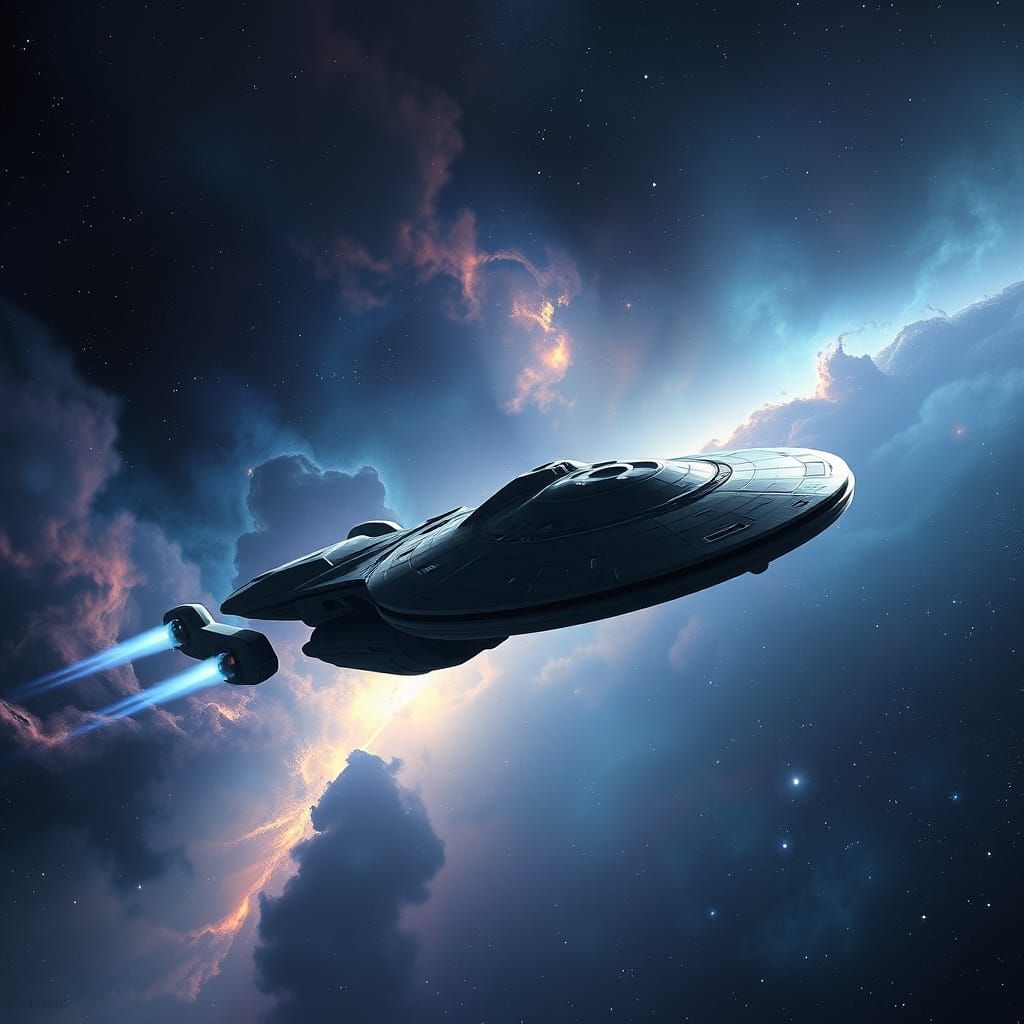 Starship Adrift in Cosmic Nebula, Delta Quadrant Exploration