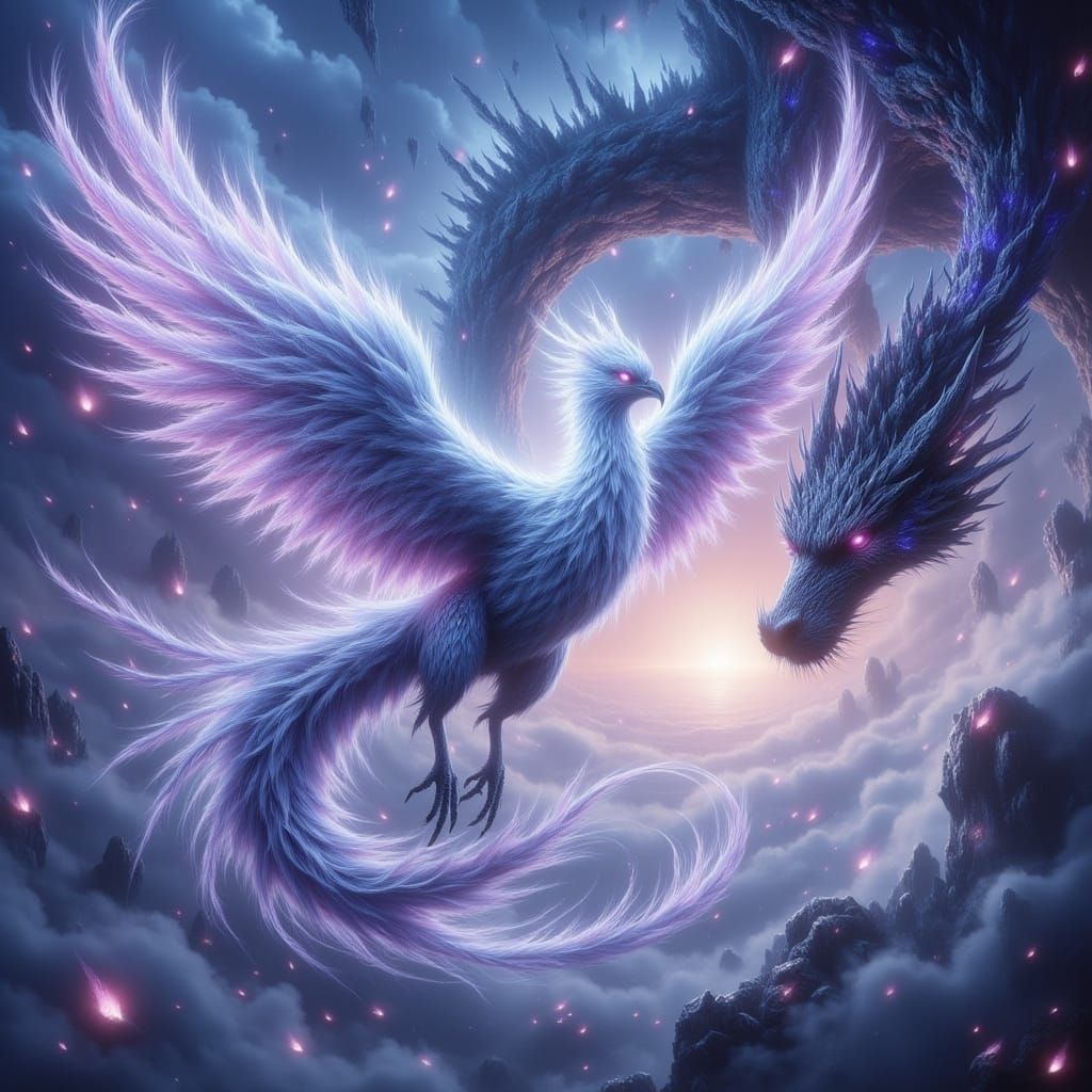 Chinese Immortal Phoenix and Black Dragon in Flight