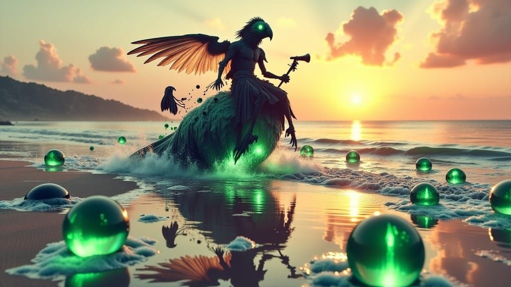 Alien Pirate on Parrot in Surreal Desert Scene