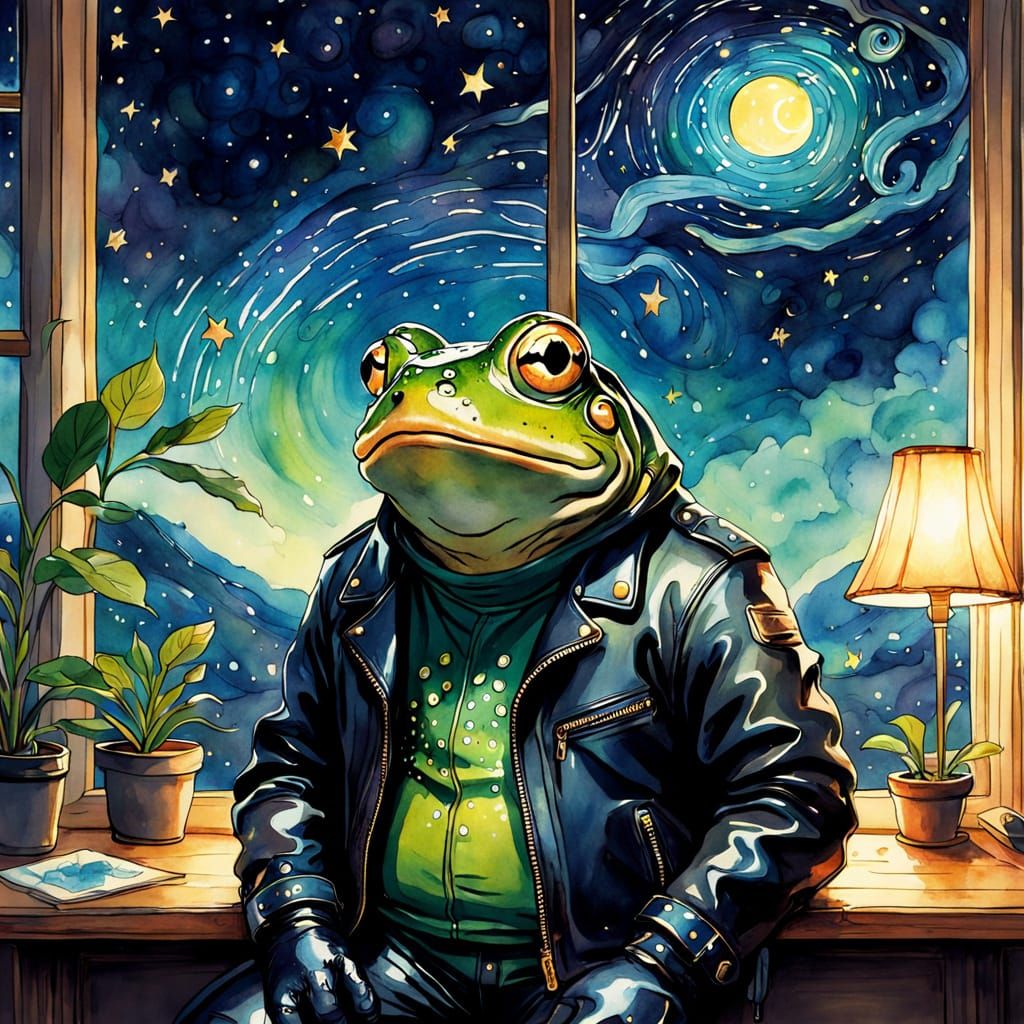 Surreal Frog in Ghibli-Inspired Biker Gear