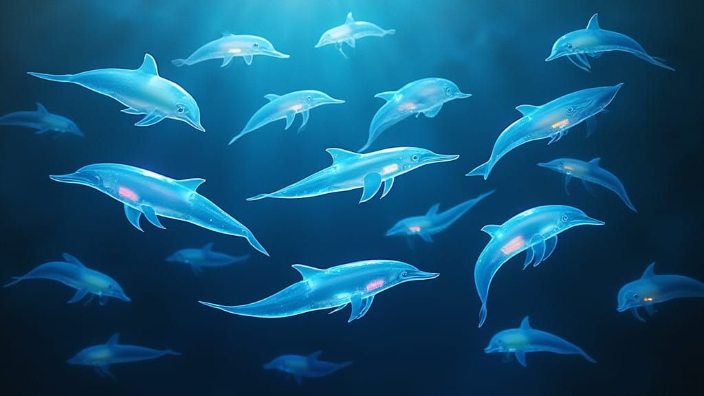 Ethereal Glass Dolphins in a Dreamlike Oceanic Scene