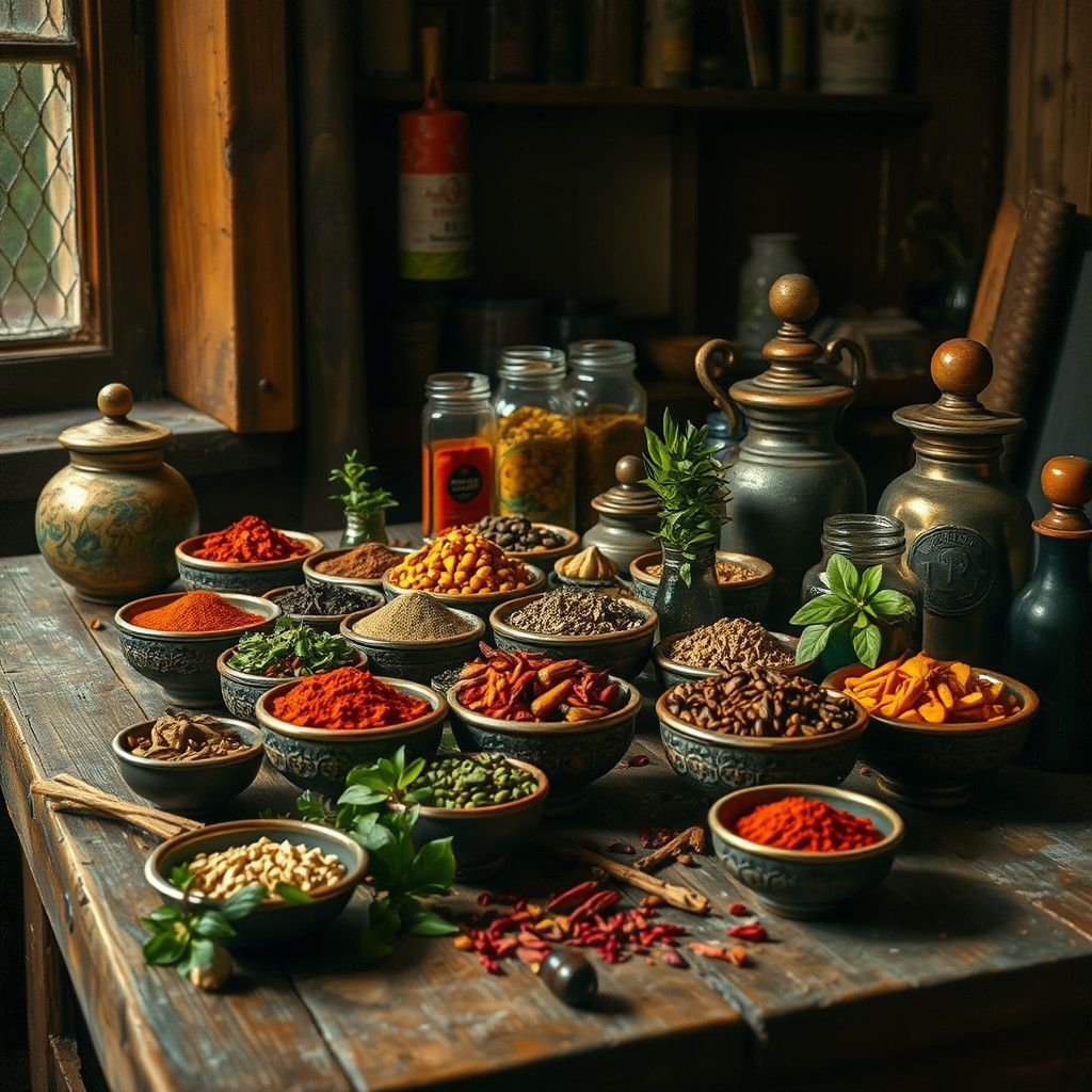 Vibrant Spices on Rustic Wooden Table