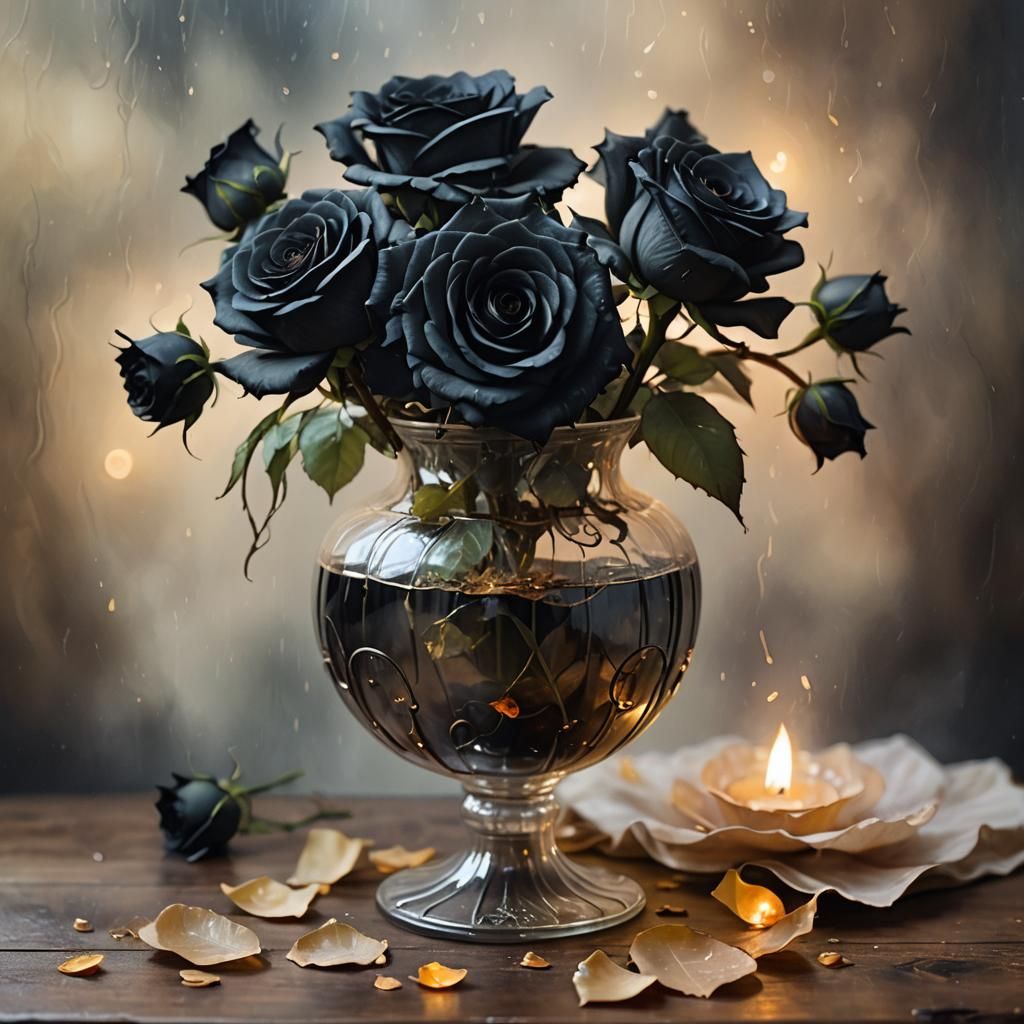 Ethereal Black Roses in Glass: Oil Painting Style