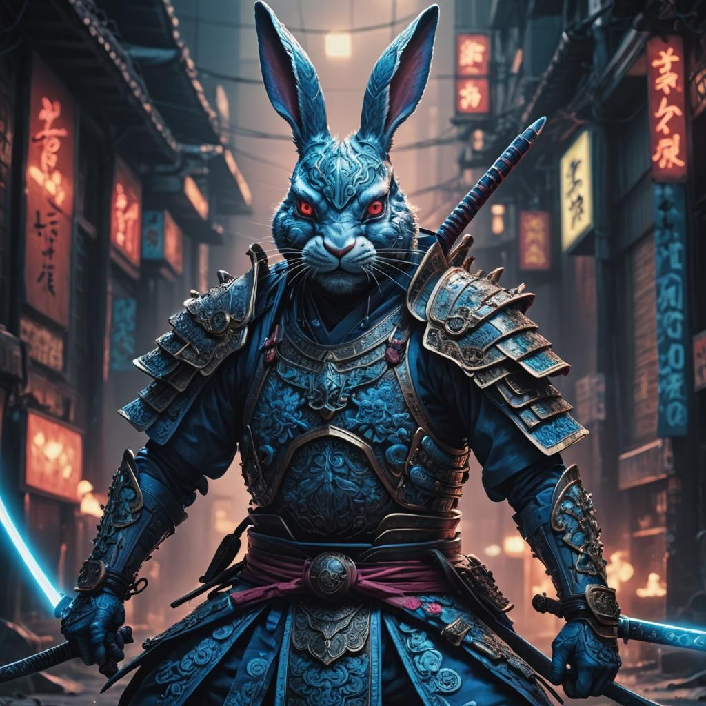 Hyperrealistic Neon Demon Samurai Rabbit in HDR