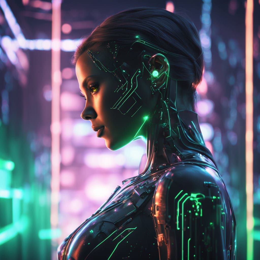 Confident Female Code Avatar in Cyberpunk Digital Art
