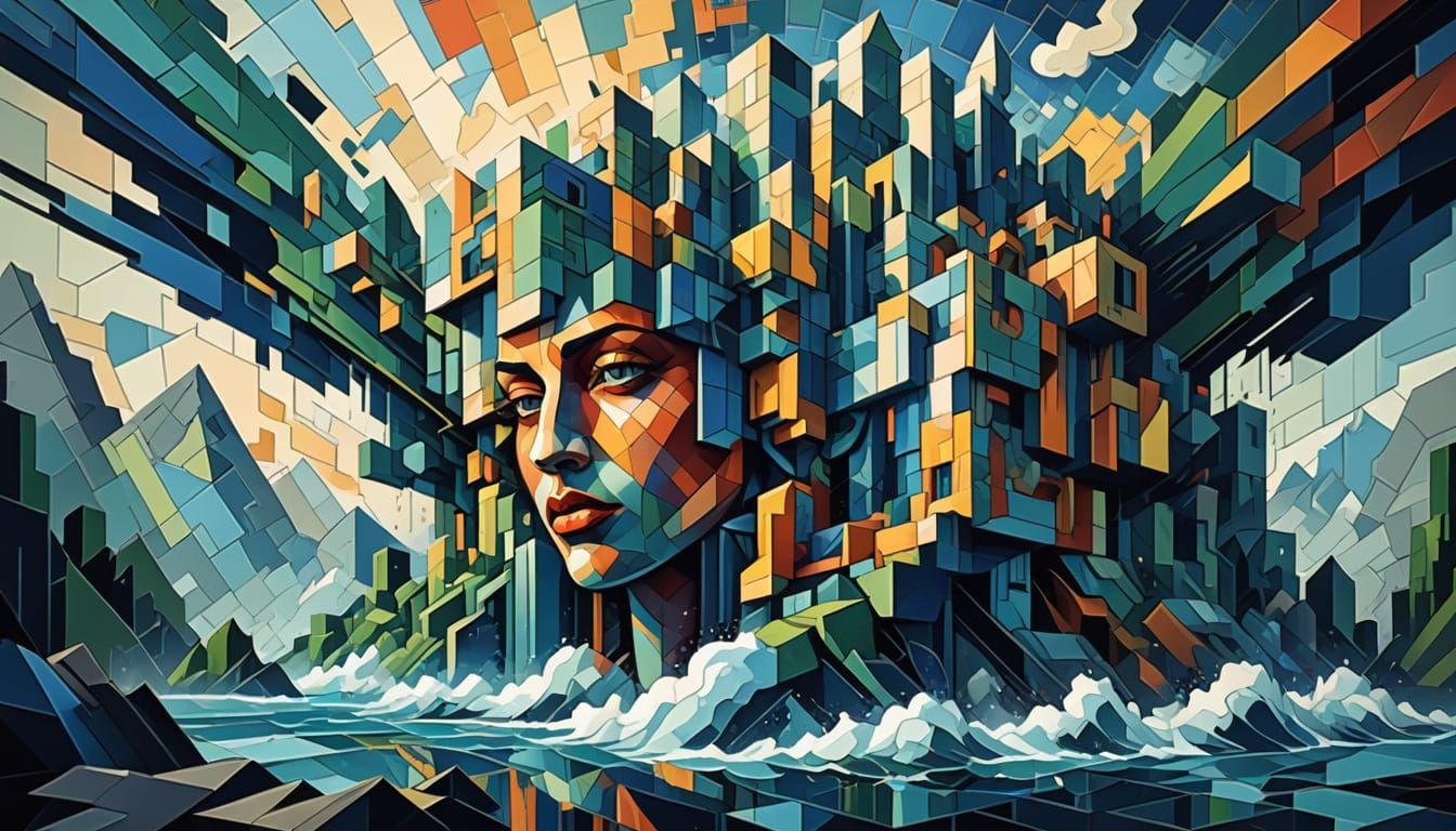 Mosaic cubist painting, Neo-Cubism, layered overlapping geom...