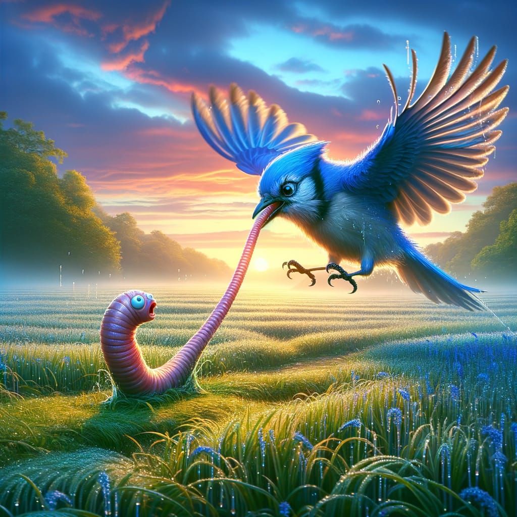 Blue Jay Pulls Frightened Worm in Fantastical Matte Painting
