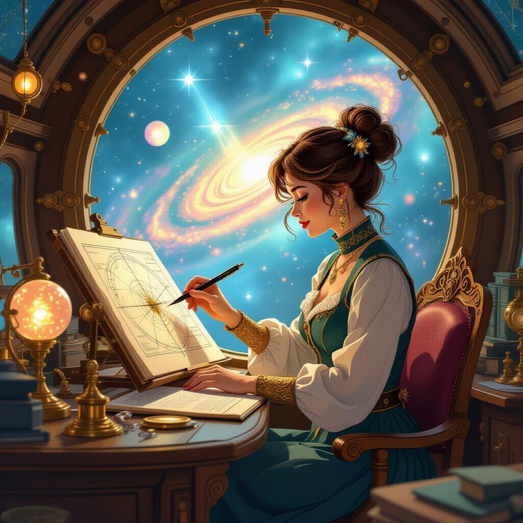 Celestial Cartographer in Steampunk Observatory, Art Nouveau...
