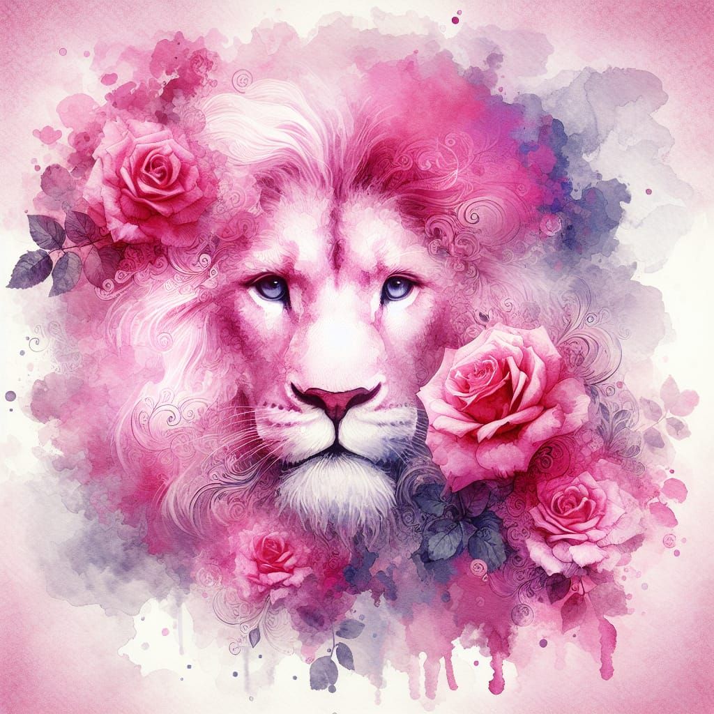 Watercolor Pink Lion Surrounded by Roses