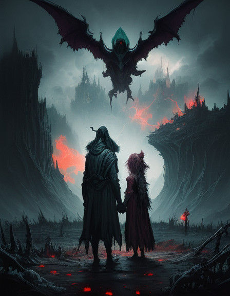 Two Aliens Embracing amidst a Dark Fantasy Landscape