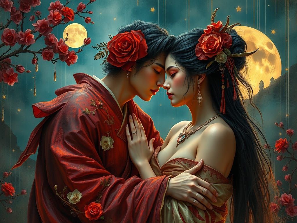 Japanese Fantasy Goddess in Vibrant Oil Painting