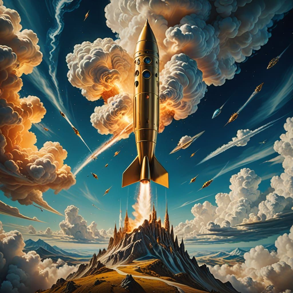 Surreal Rocket in Dreamlike Landscape as Digital Art