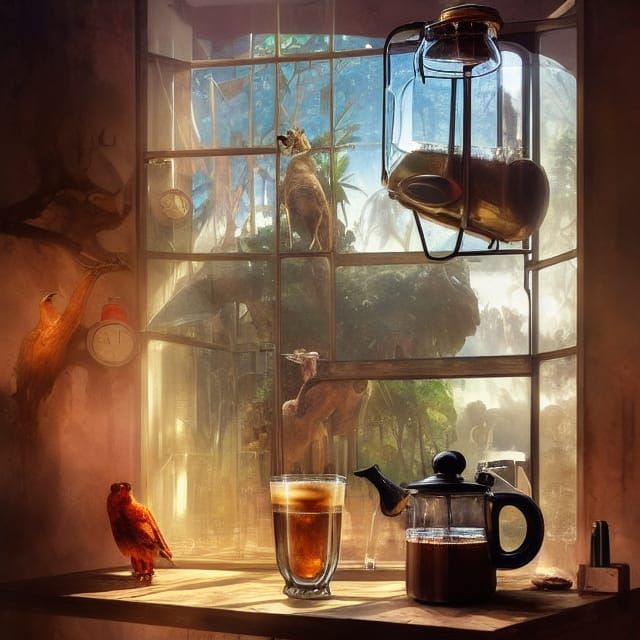 Zoo Inside Coffee Pot: Colorful Photorealistic Concept Art