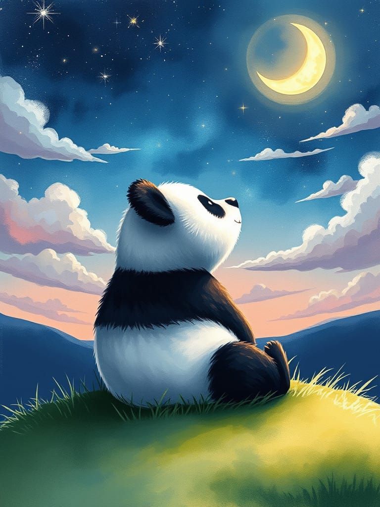 Gentle Panda Watches Whimsical Moonlit Night Scene