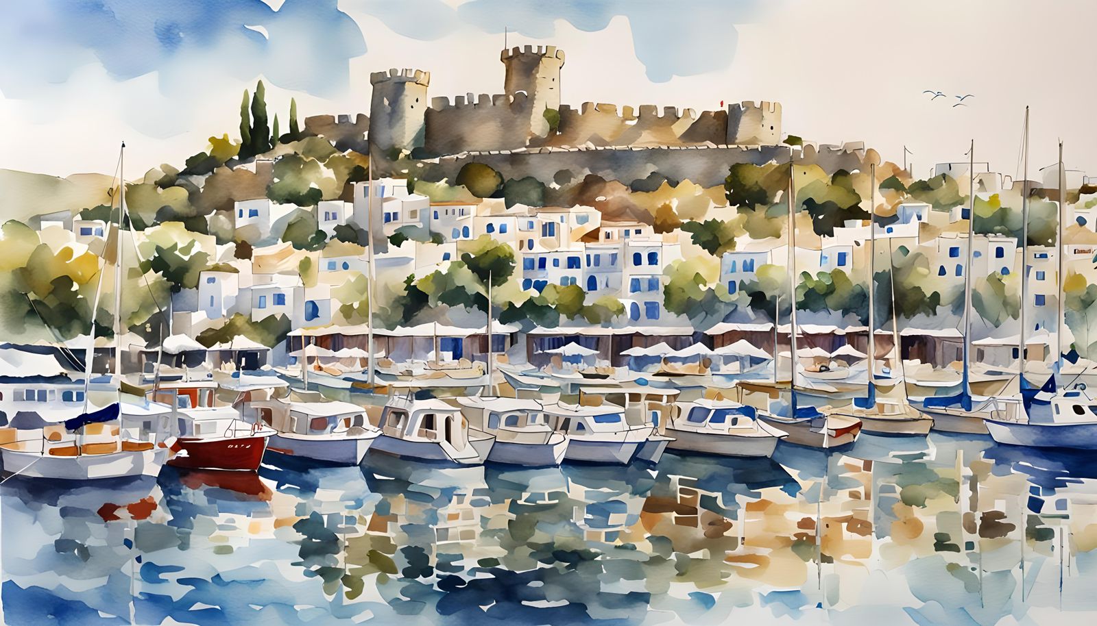 Bodrum Marina, Turkey: Watercolor Summer Day