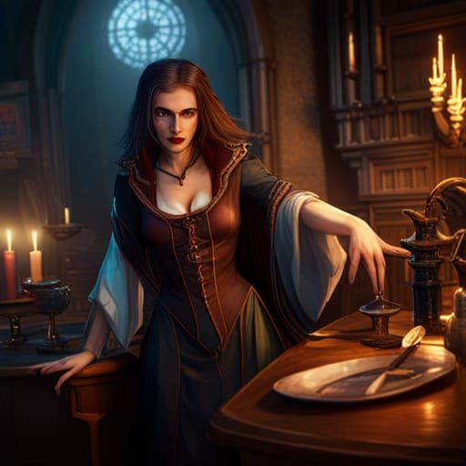 Vampire Seduction in a Tavern: Detailed Matte Painting