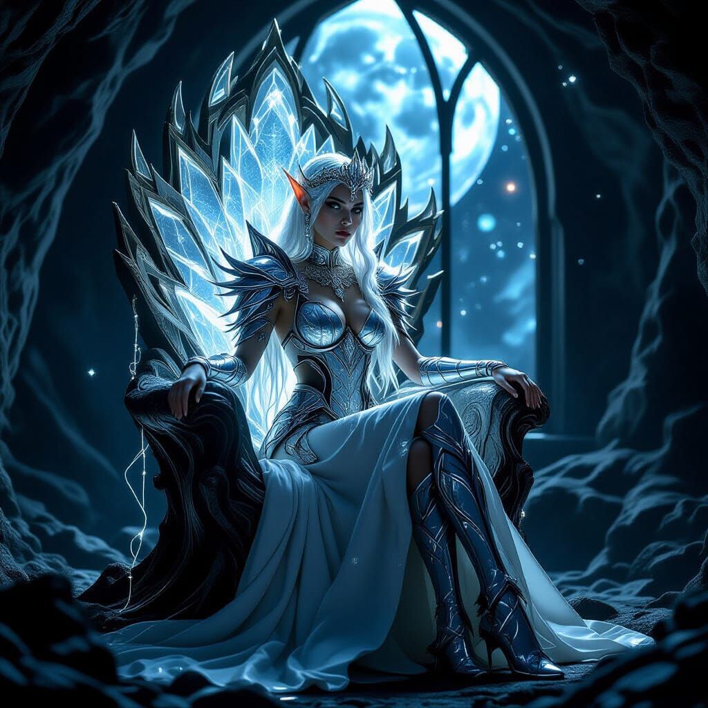 Elf Queen on Moonflower Throne in Dark Fantasy