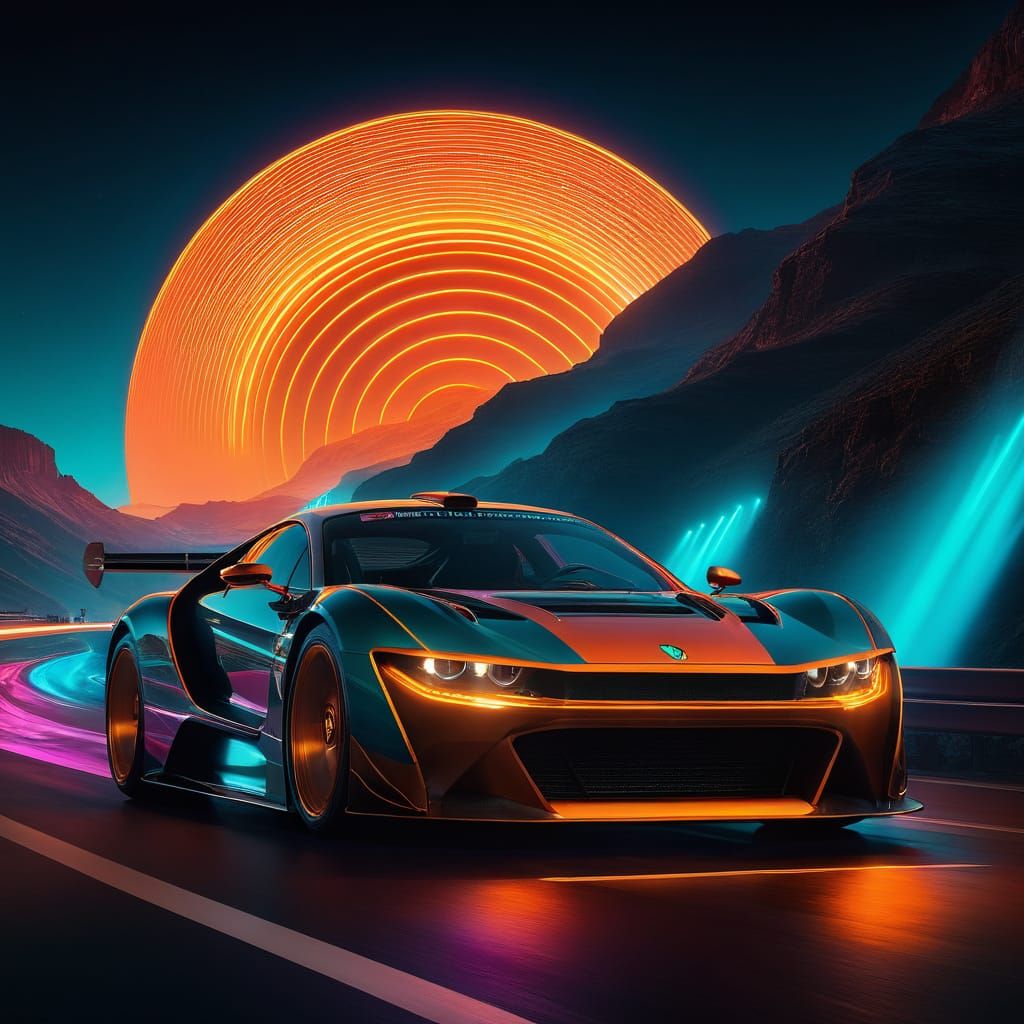 Neon Supercar Races on Mountain Road: Concept Art