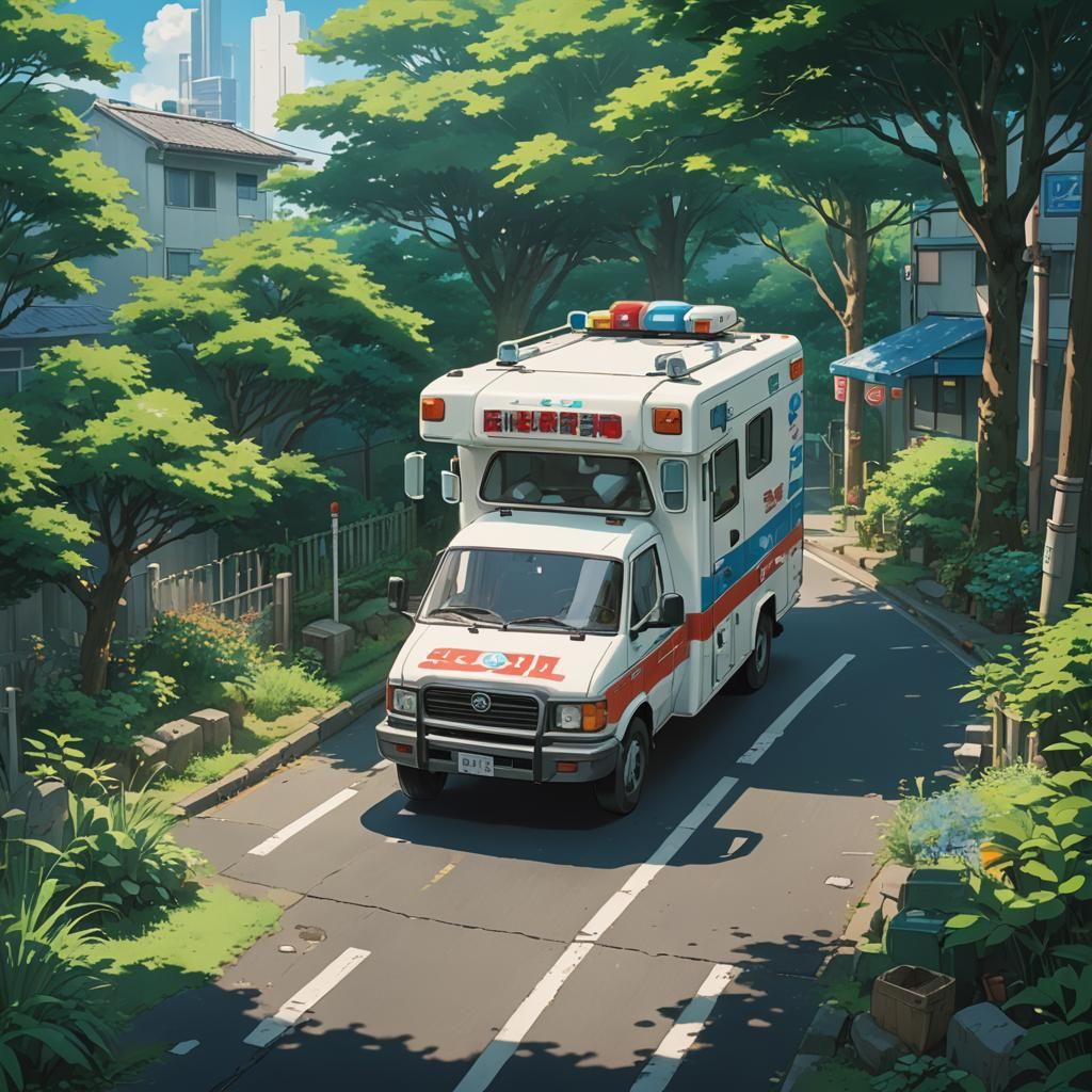 Ambulance in Anime Style by Studio Ghibli
