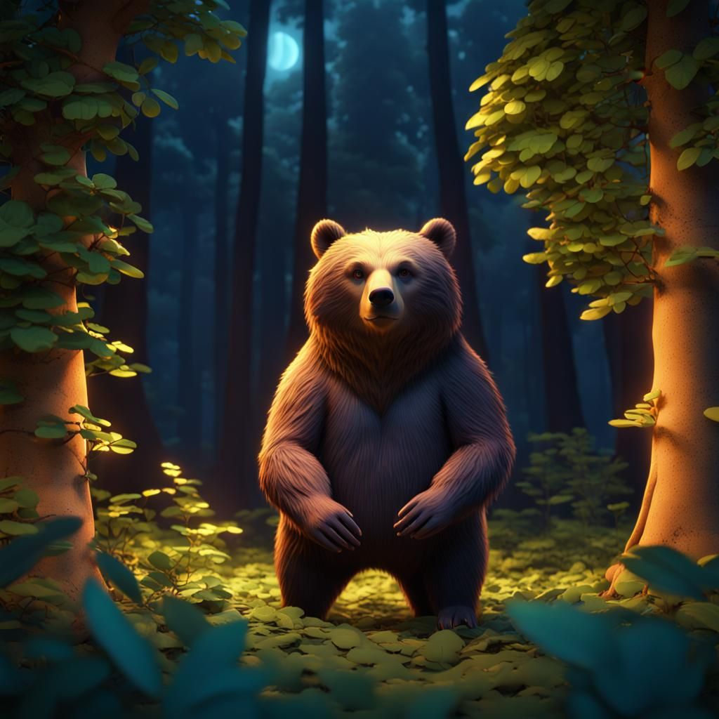 Bear in Forest at Night: 3D Digital Art