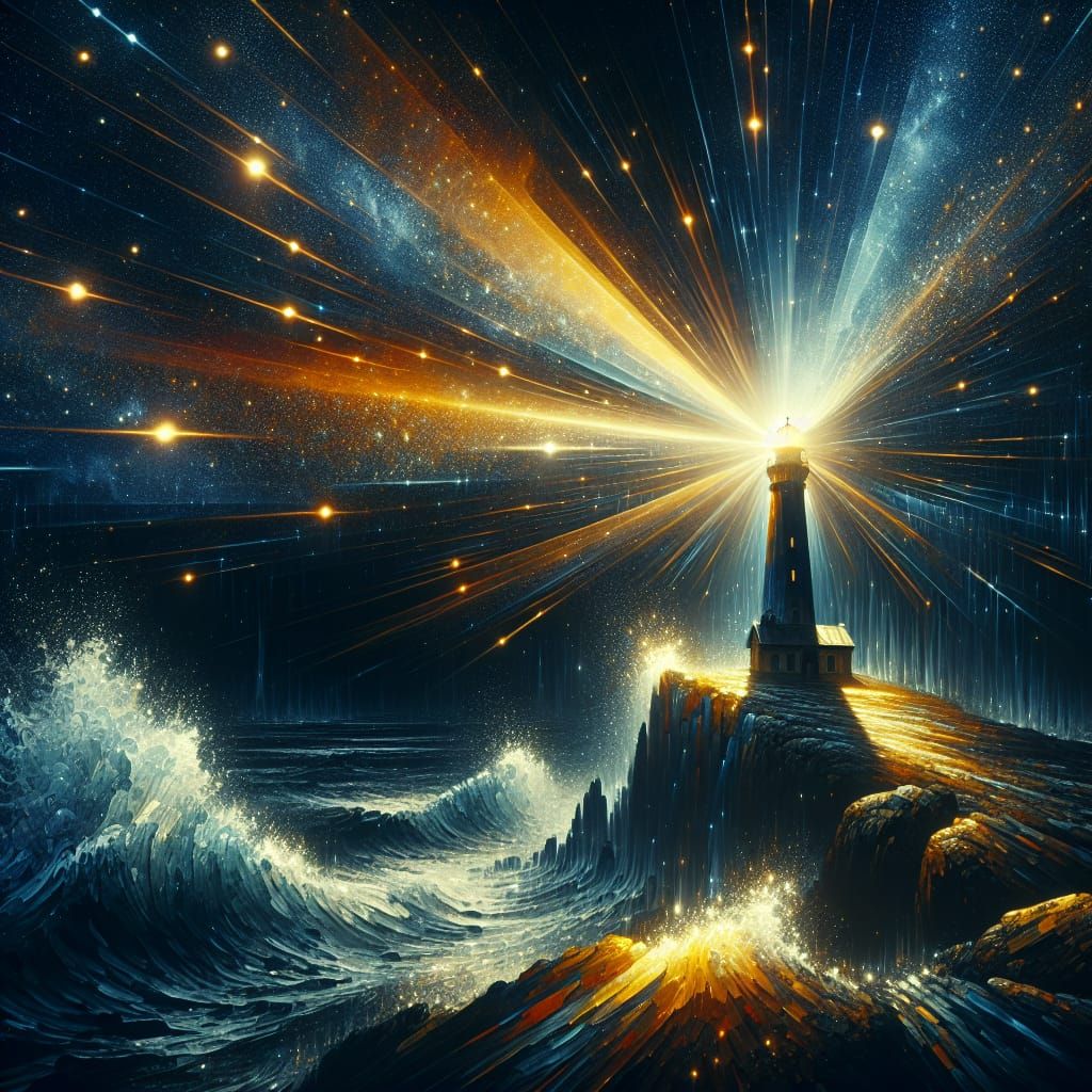 Lighthouse Under Starry Sky: Chiaroscuro Alcohol Painting