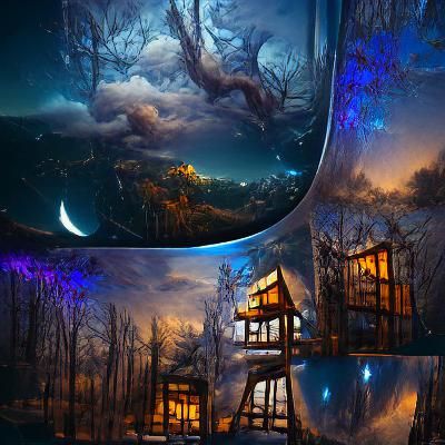 Mystical Landscape: Glass Treehouse Under Velvet Sky