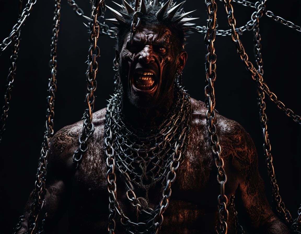 Tormented Man in Hell Swinging Spiked Chains