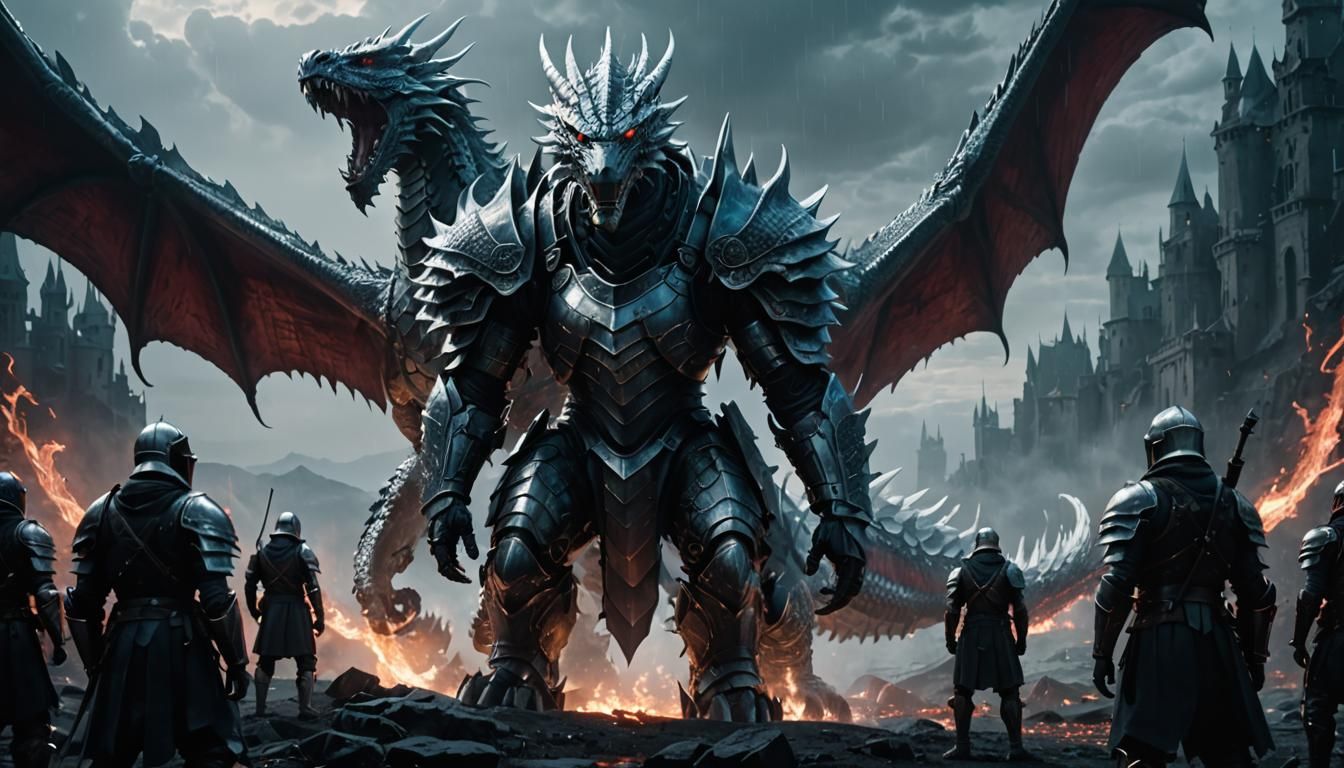 Epic White Dragon Confrontation in Dark Fantasy Style