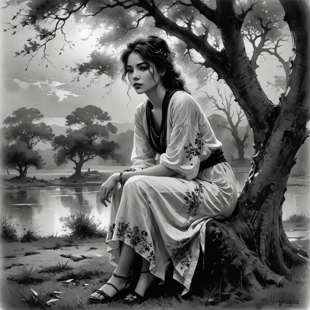 Girl in Black and White Portrait at Sunset