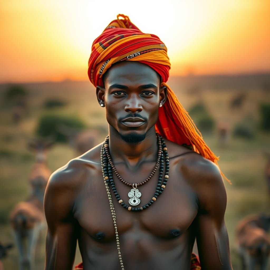 African Warrior in Savanna Sunset Portrait