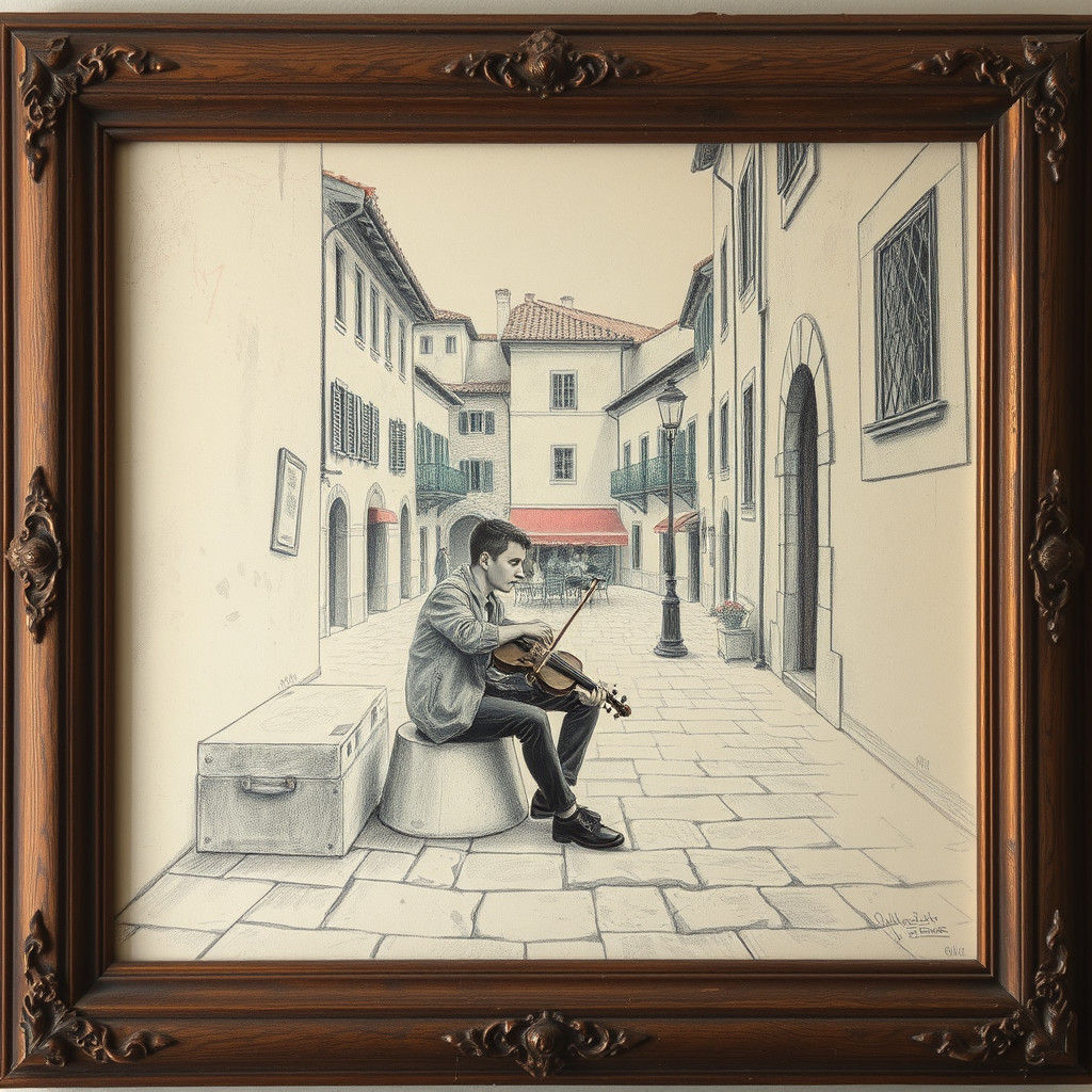 Boy Plays Violin: Pencil and Watercolor Sketch