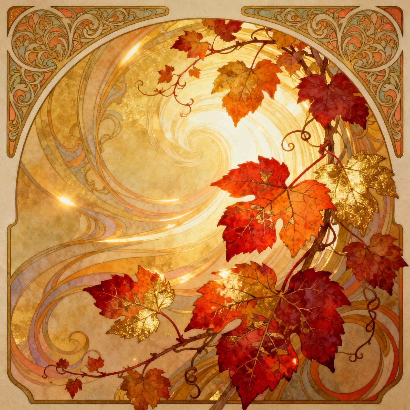 A scene depicting the intricate beauty of autumn leaves, met...