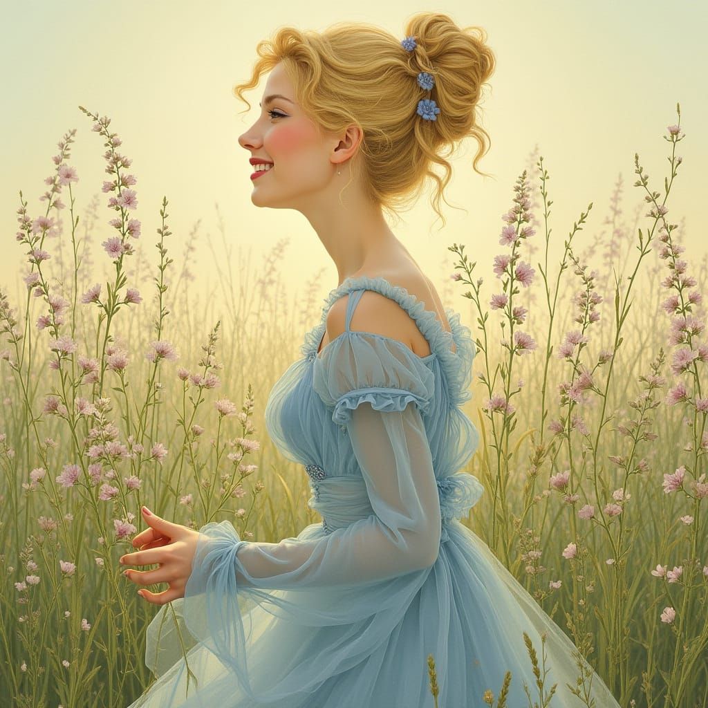 Smiling Woman in Meadow, Art Nouveau Style