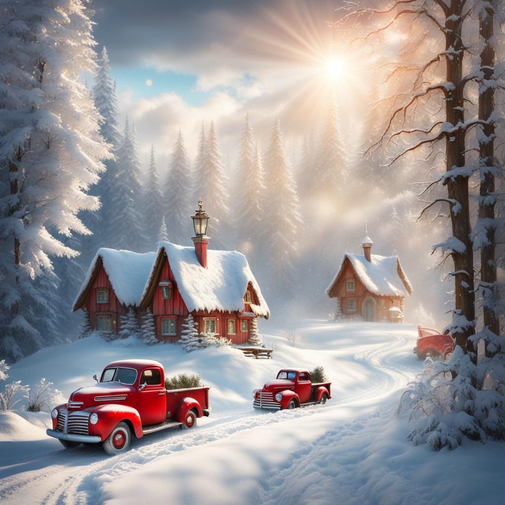 Fairytale Snowy Forest Landscape with Red Truck