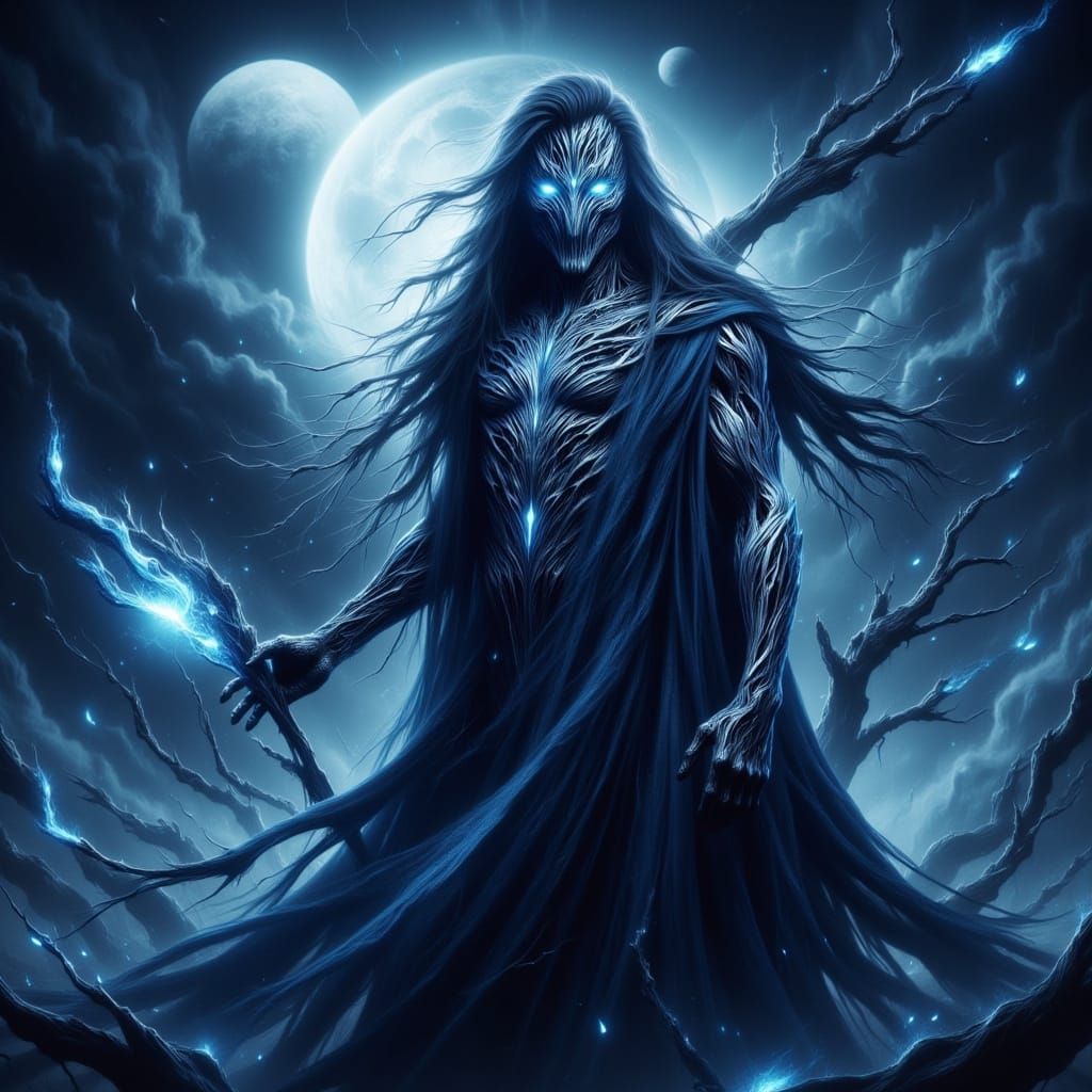 Mysterious Figure with Mask and Staff Under Moon