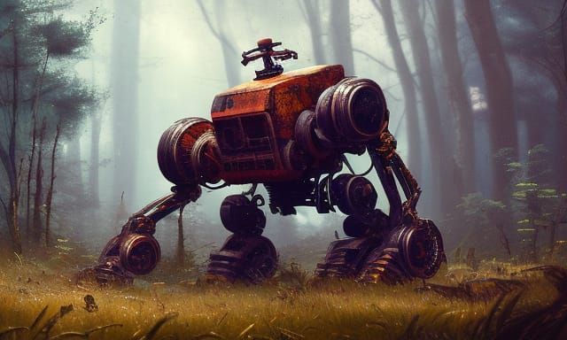 Rusty Pikachu Robot in Lush Forest: Dark Fantasy Art