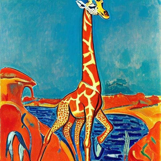 Giraffe Dives Deep in Vibrant, Dreamlike Underwater Scene