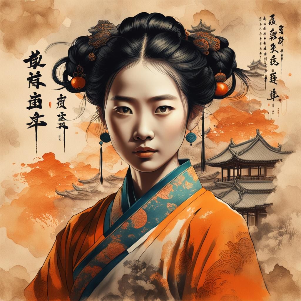 Chinese Goddess in Radiant Orange Glow